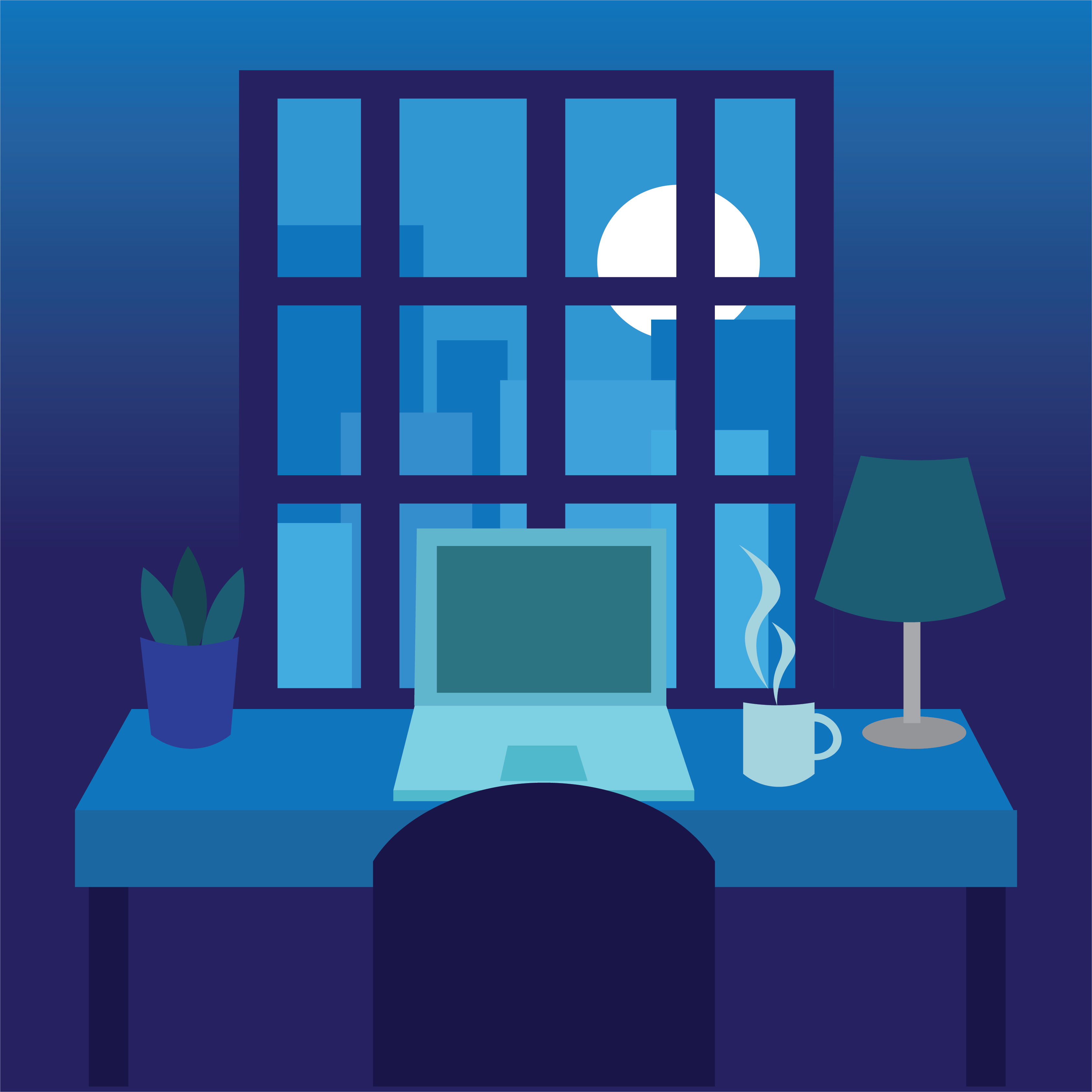 Blue themed city window view illustration